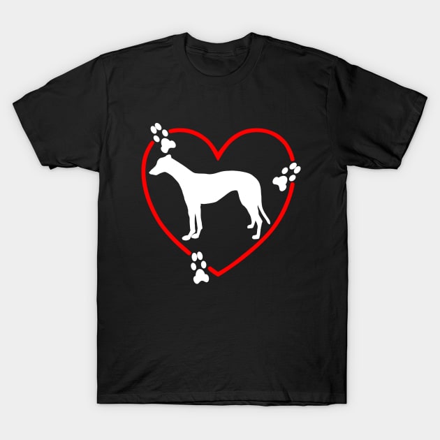 Standing White Greyhound Paw Prints Heart T-Shirt by Greyt Graphical Greyhound